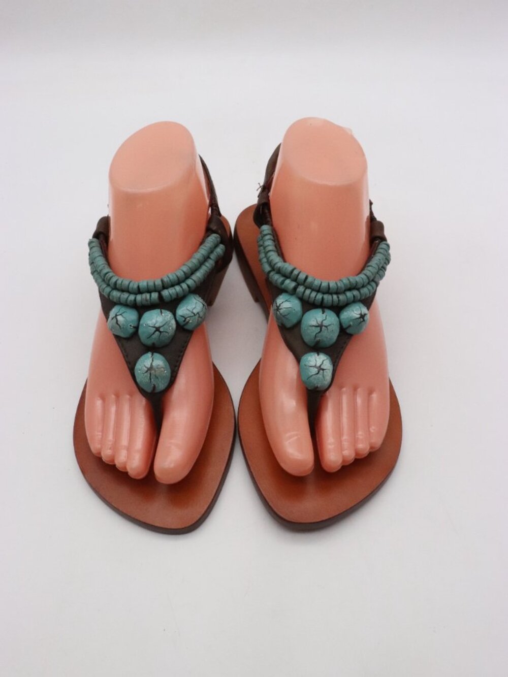 Mystique Boutique Embelished Thong Sandals Women's 6 Leather Turquoise Stones